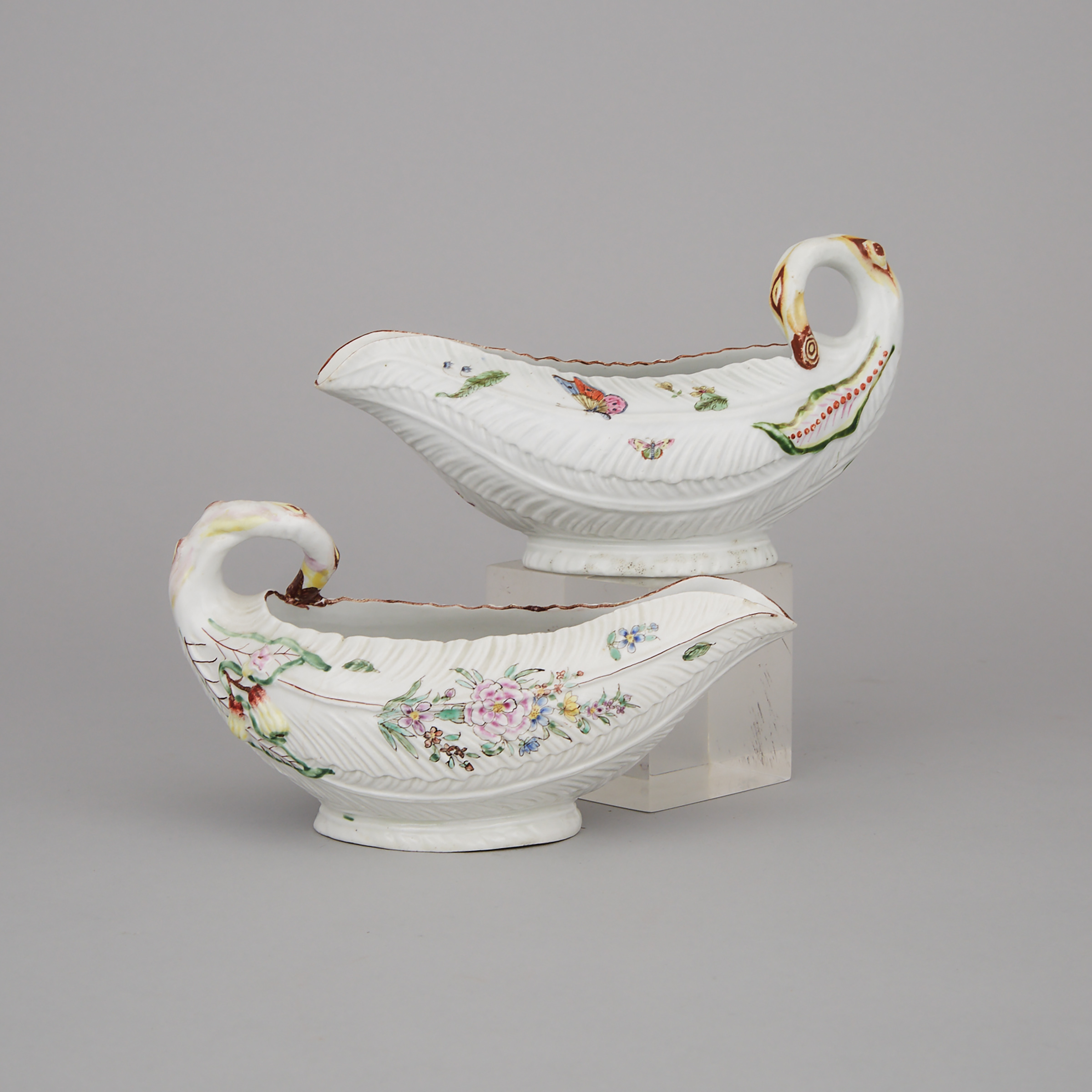 Pair of Worcester Cos Lettuce Leaf Sauce Boats, c.1755-60