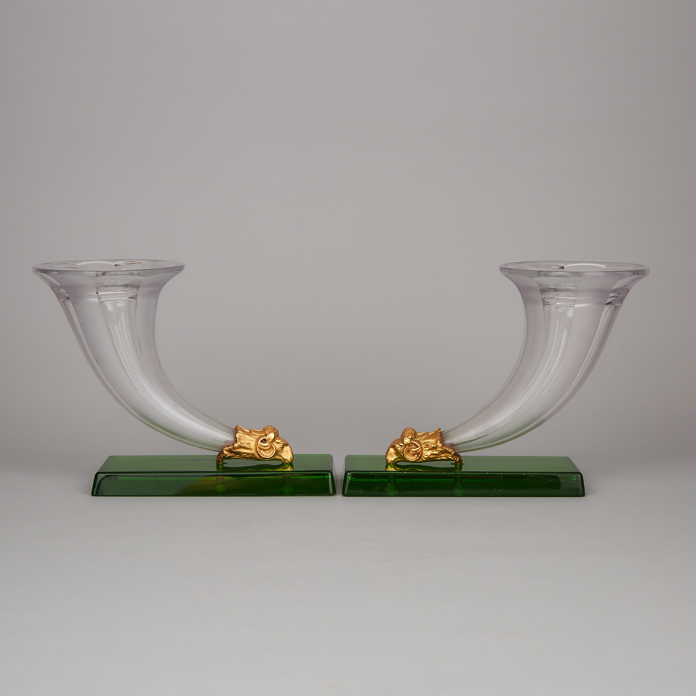 Pair of Victorian Green and Cut Clear Glass Cornucopia Vases, 19th century