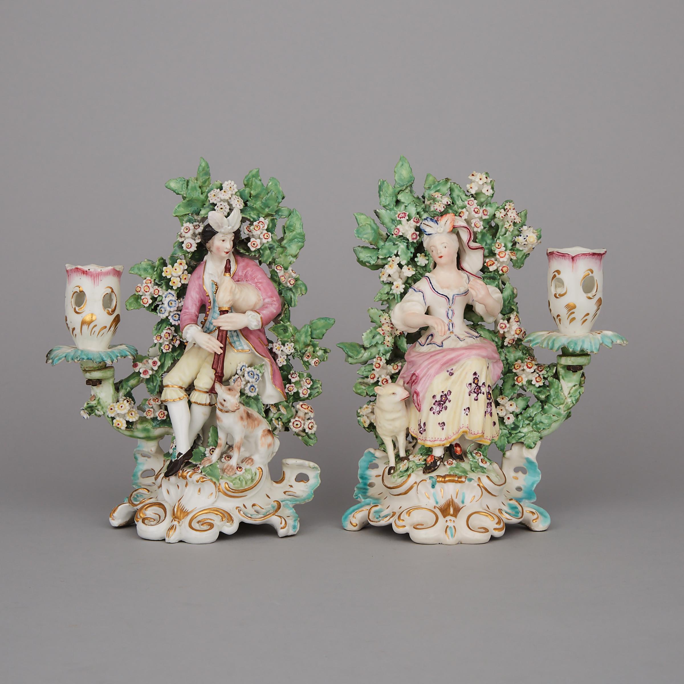 Pair of Derby Bocage Candlestick Figures of a Shepherd Musician and Companion, c.1765-75