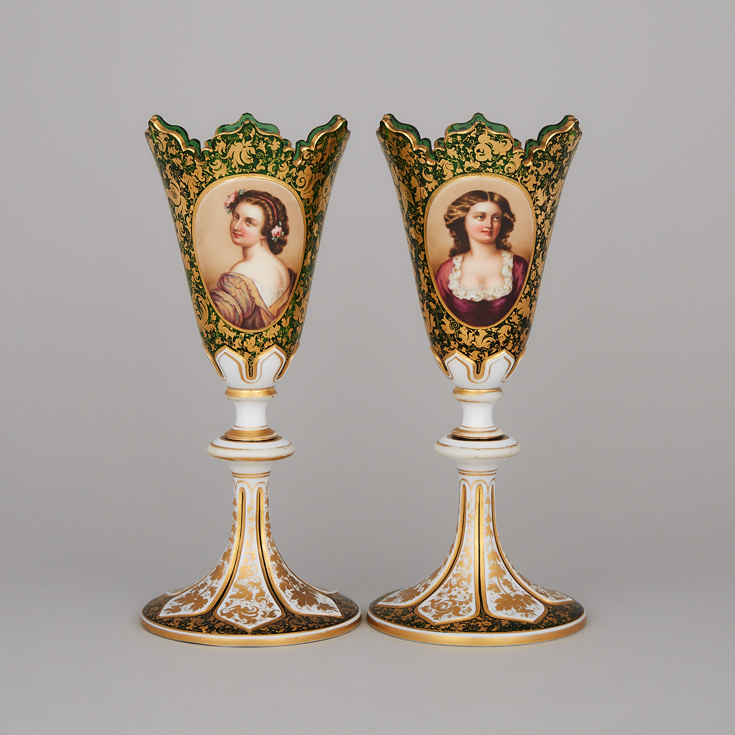Pair of Bohemian Green and Gilt Glass Enameled Portrait Vases, late 19th century