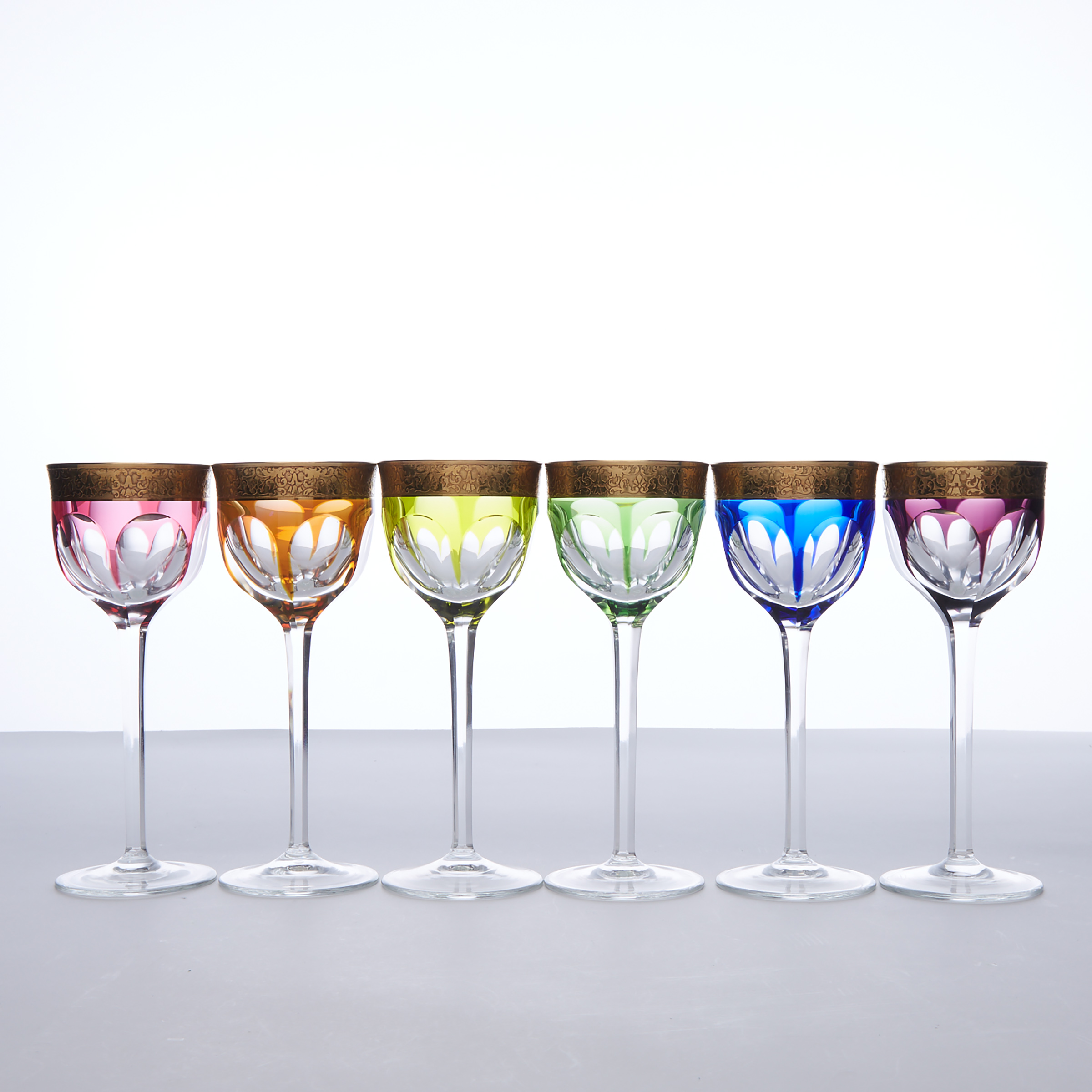 Set of Six Moser Colour Overlaid, Cut, Etched and Gilt Glass Hock Wine Goblets, 20th century
