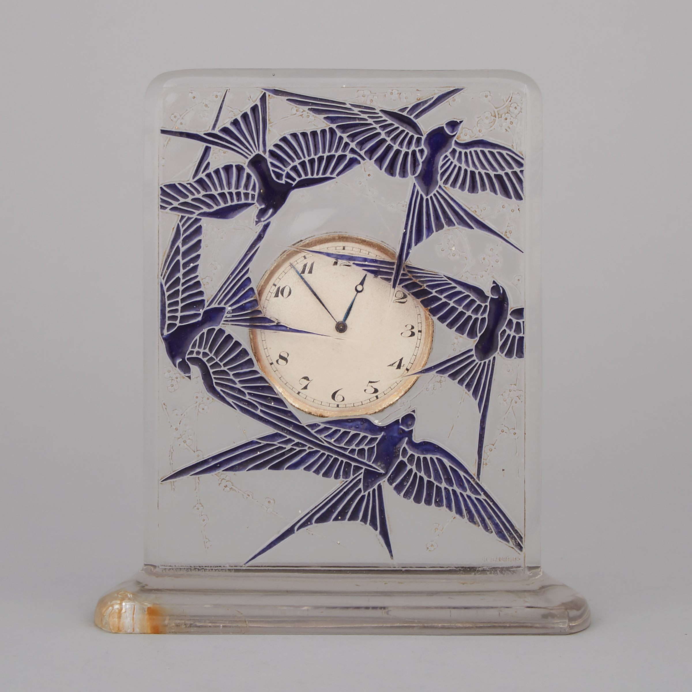 ‘Cinque Hirondelles’, Lalique Moulded and Blue Enameled Glass Table Clock, 1920s