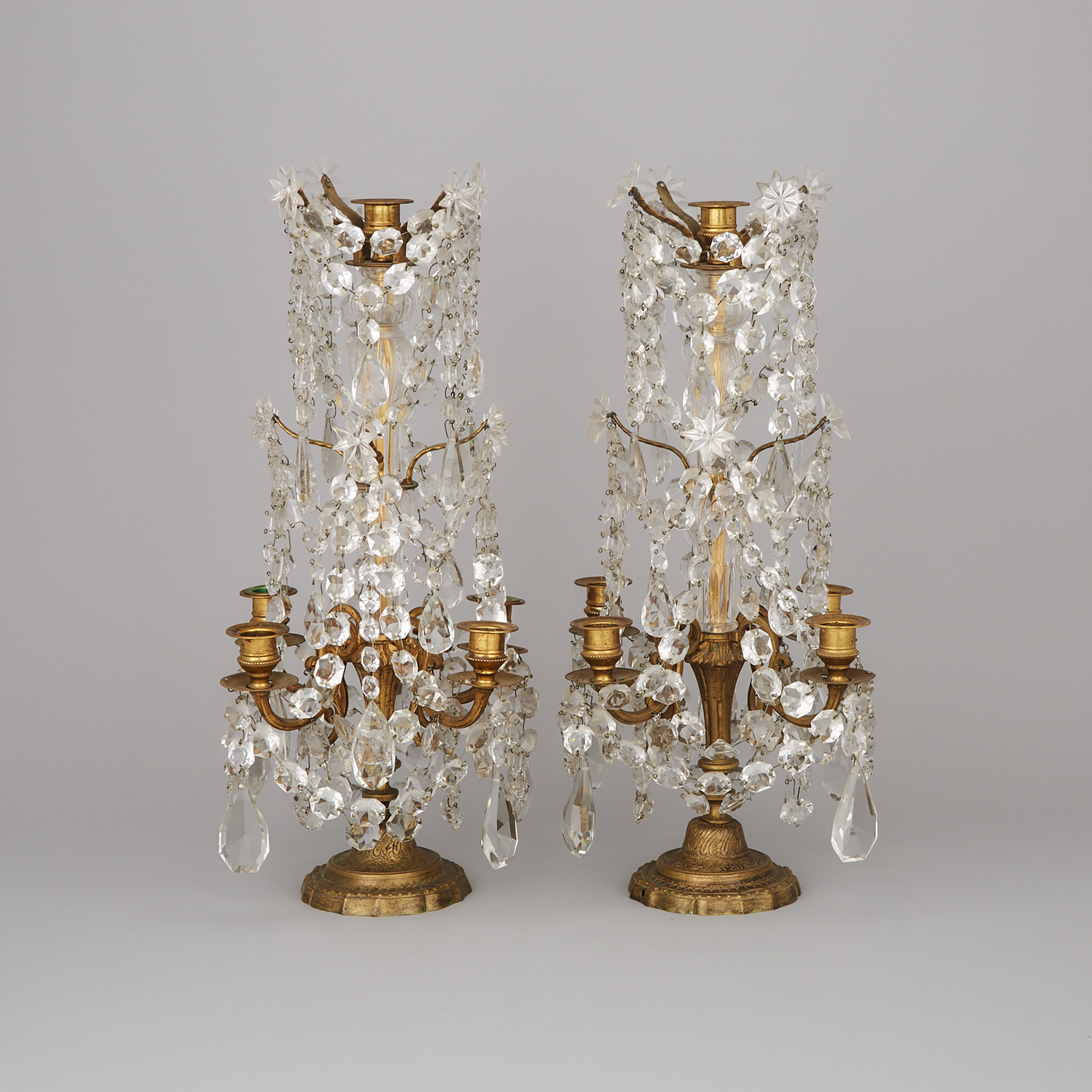 Pair of Victorian Gilt Metal and Cut Glass Girandoles, mid 19th century 
