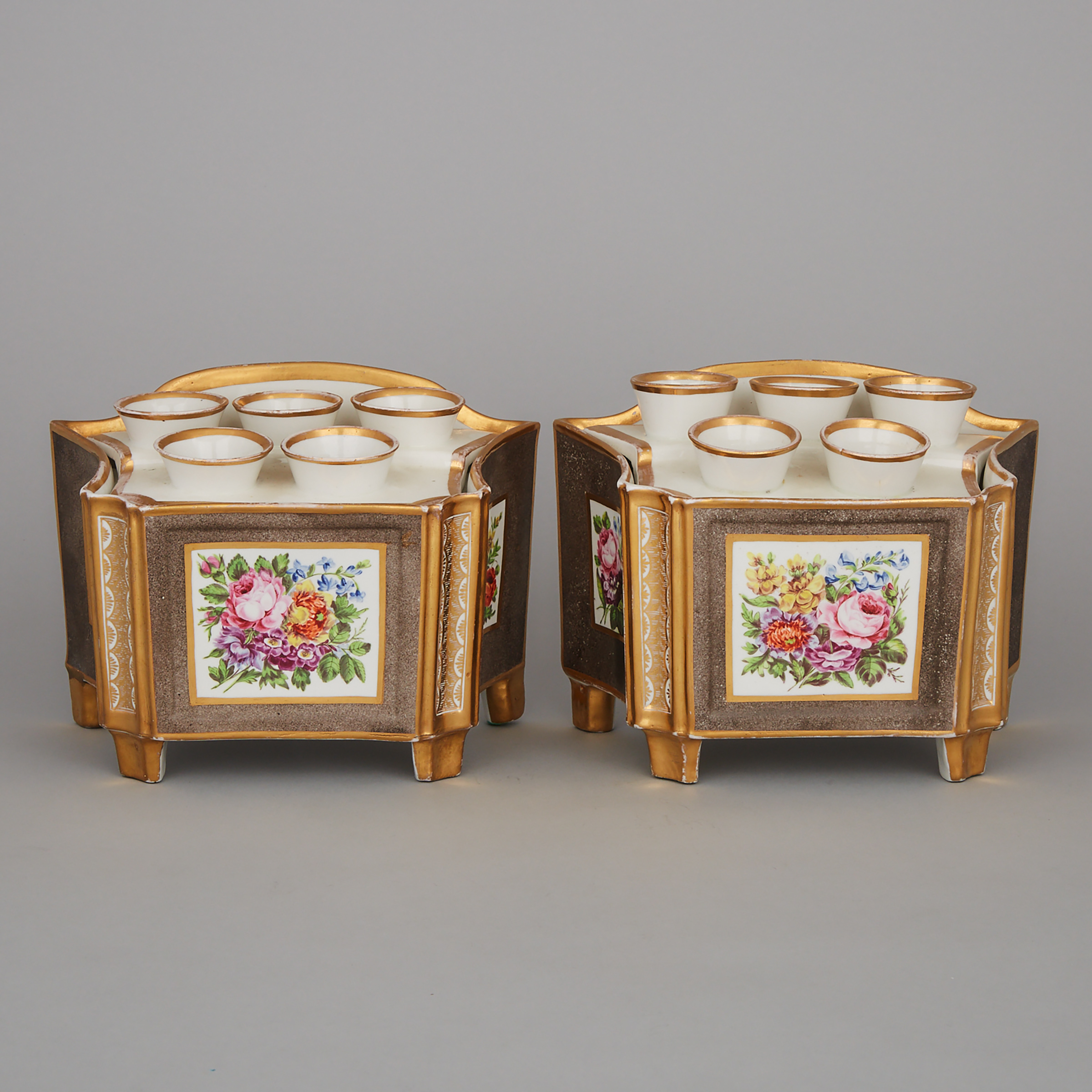 Pair of Coalport Stippled Grey Ground Bough Pots and Covers, c.1810