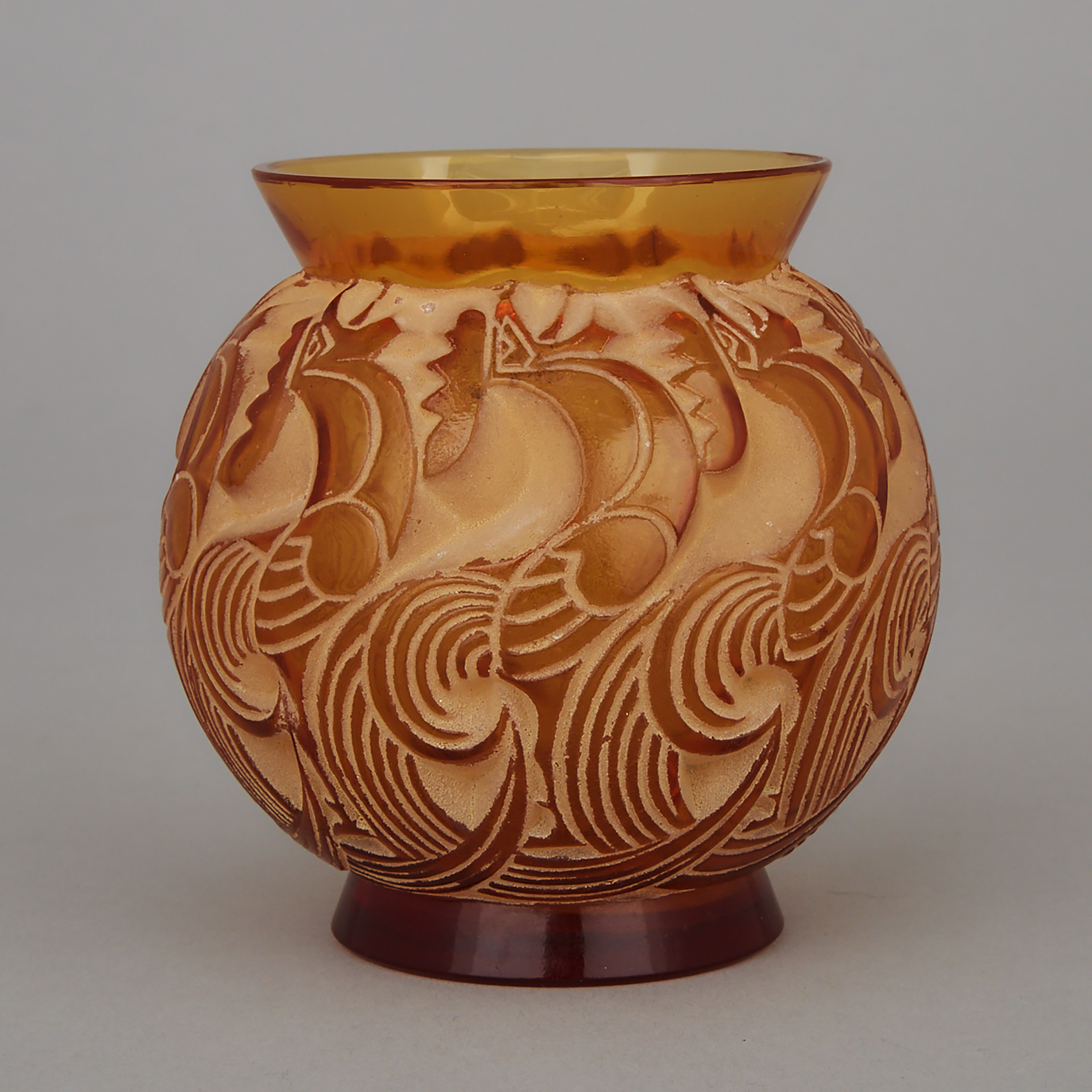 ‘Le Mans’, Lalique Moulded Amber Glass Vase, 1930s