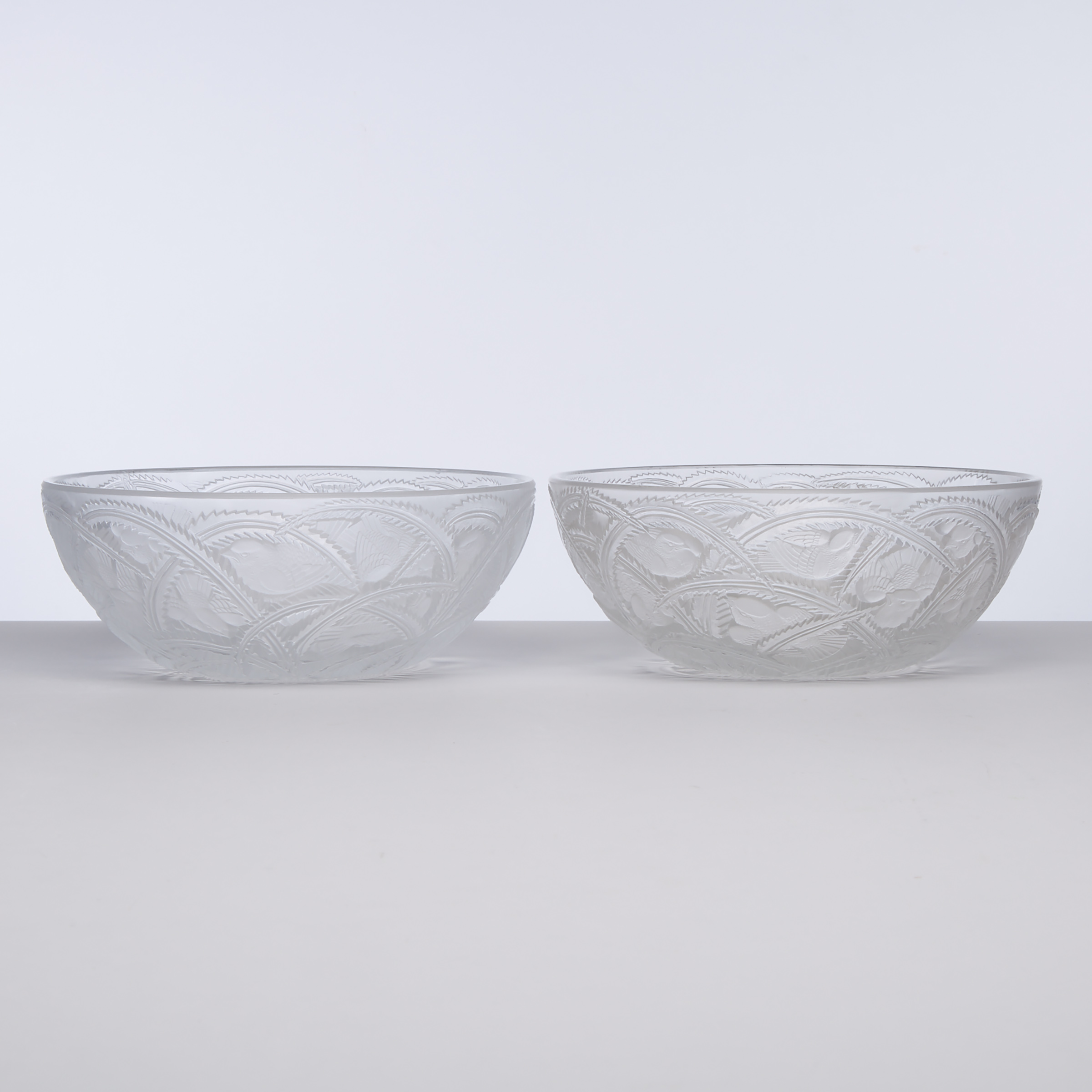 ‘Pinsons’, Pair of Lalique Moulded and Partly Frosted Glass Bowls, post-1945