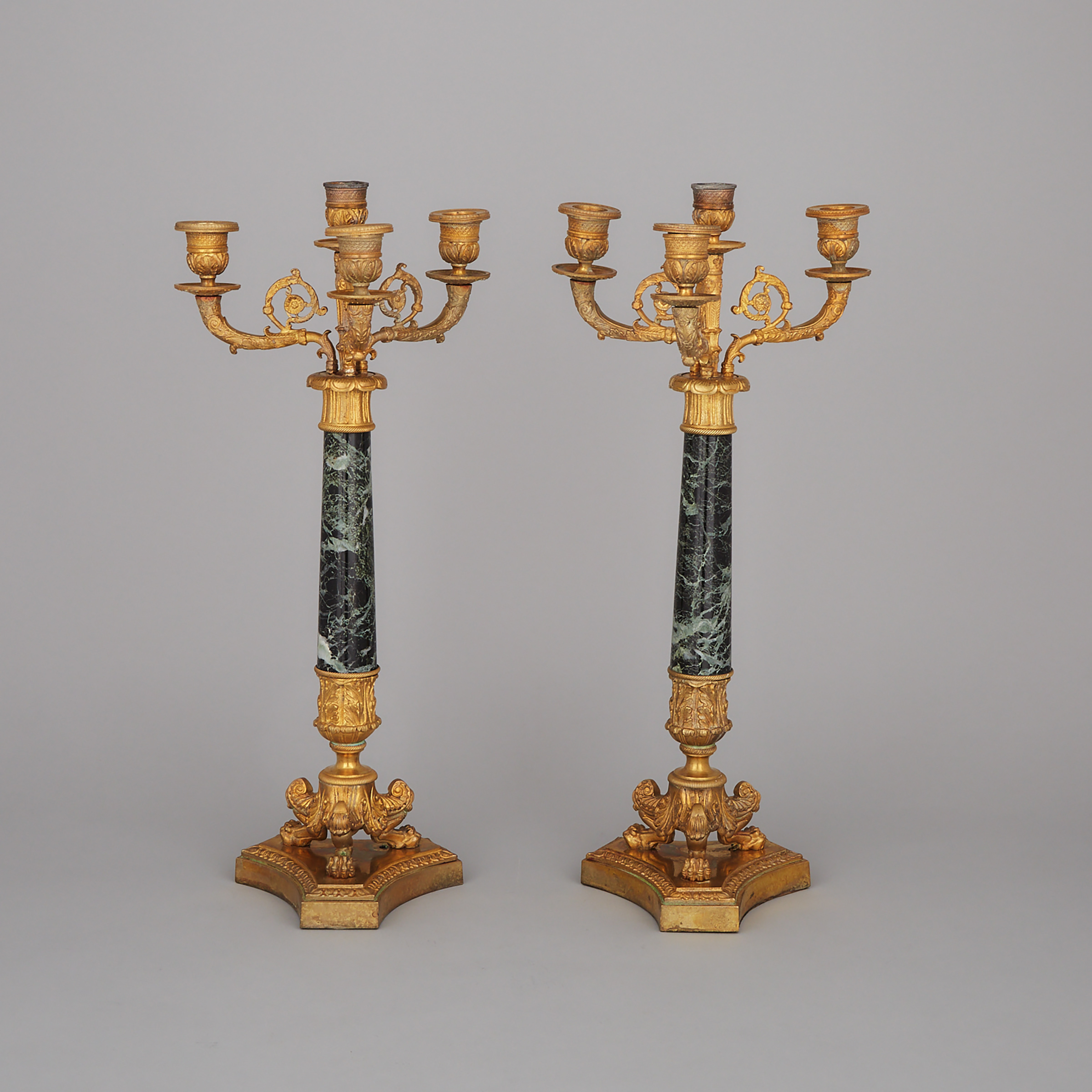 Pair of French Empire Gilt Bronze and Verde Antique Marble Candelabra, 19th century