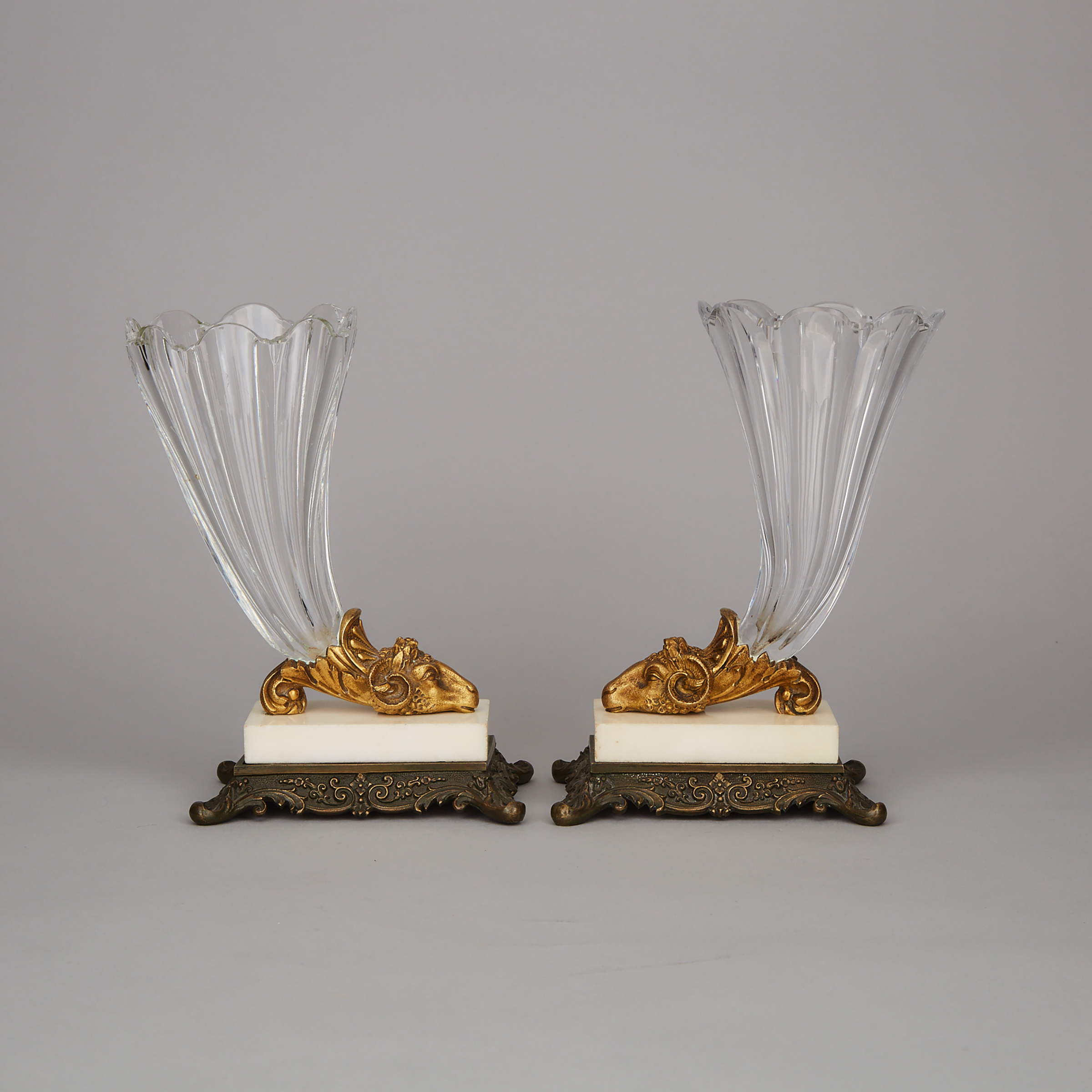 Pair of Victorian Cut Glass, Bronze and Marble Cornucopia Vases, 19th century