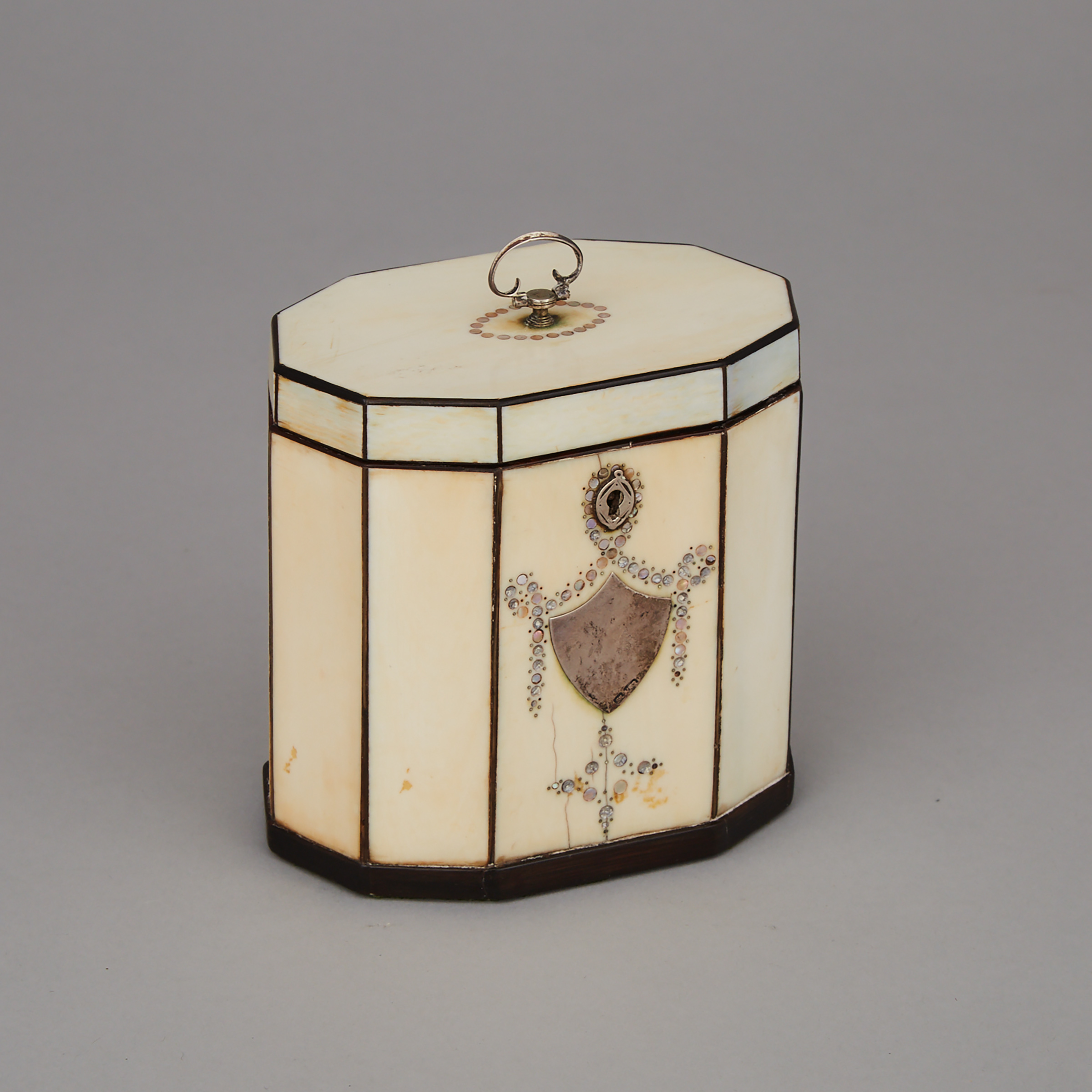 Anglo-Indian Ebony Strung Ivory Veneered Octagonal Tea Caddy, early 19th century