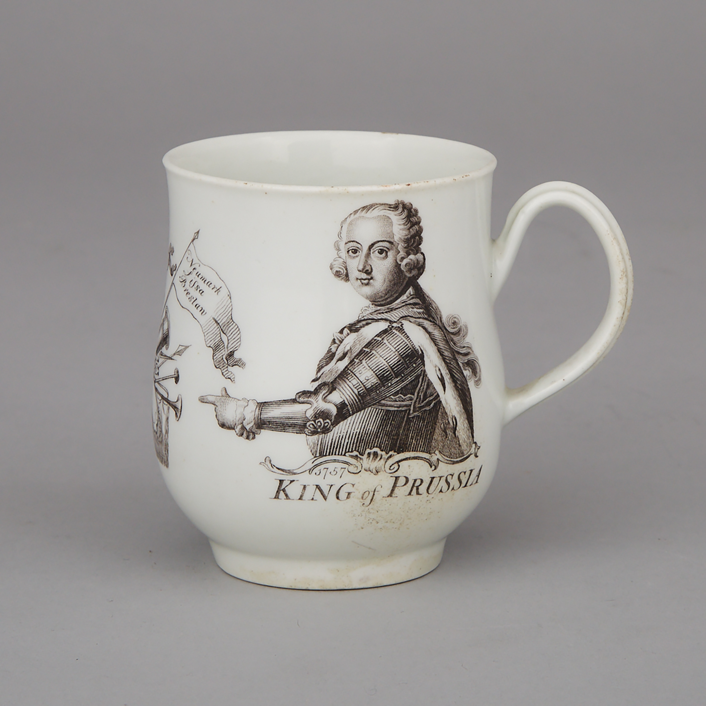 Worcester Black Printed ‘King of Prussia’ Small Mug, Robert Hancock, 1757-61