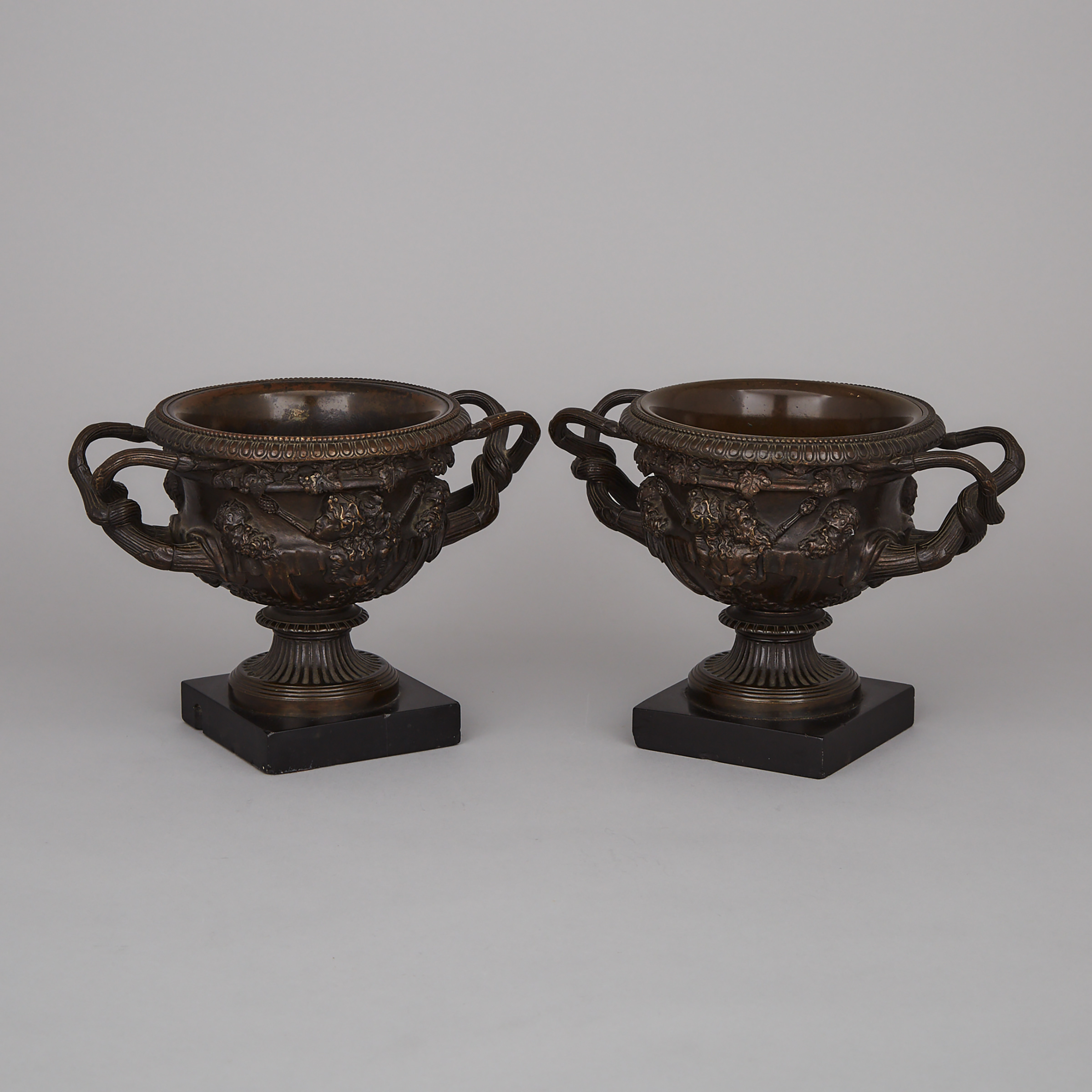 Pair of Patinated Bronze Models of the Warwick Vase, c.1880