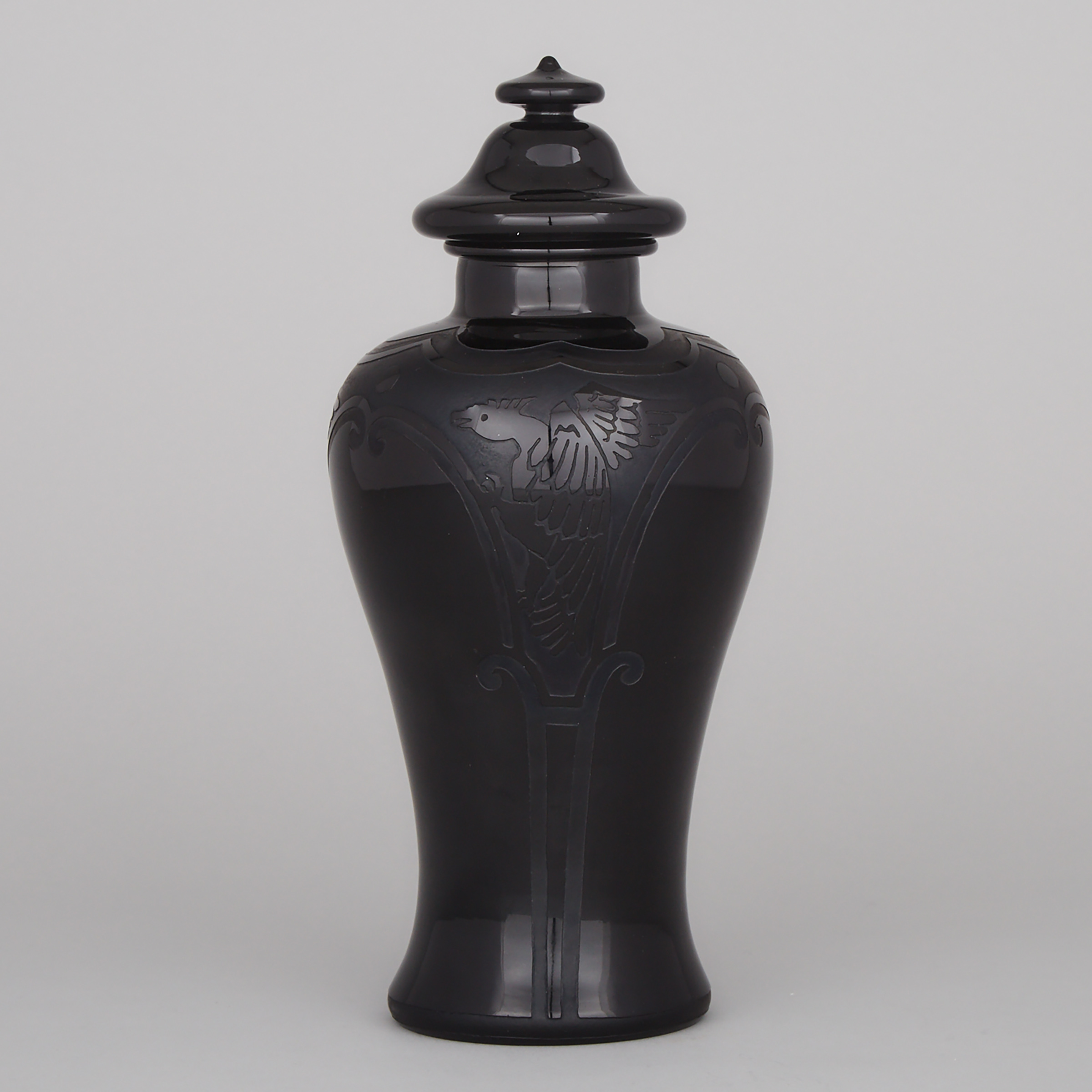 Steuben Etched Black ‘Phoenix’ Glass Vase and Cover, 1920s