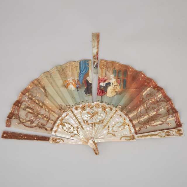 French Pierce Carved and Parcel Gilt Abalone and Painted Silk Fan, mid 18th century