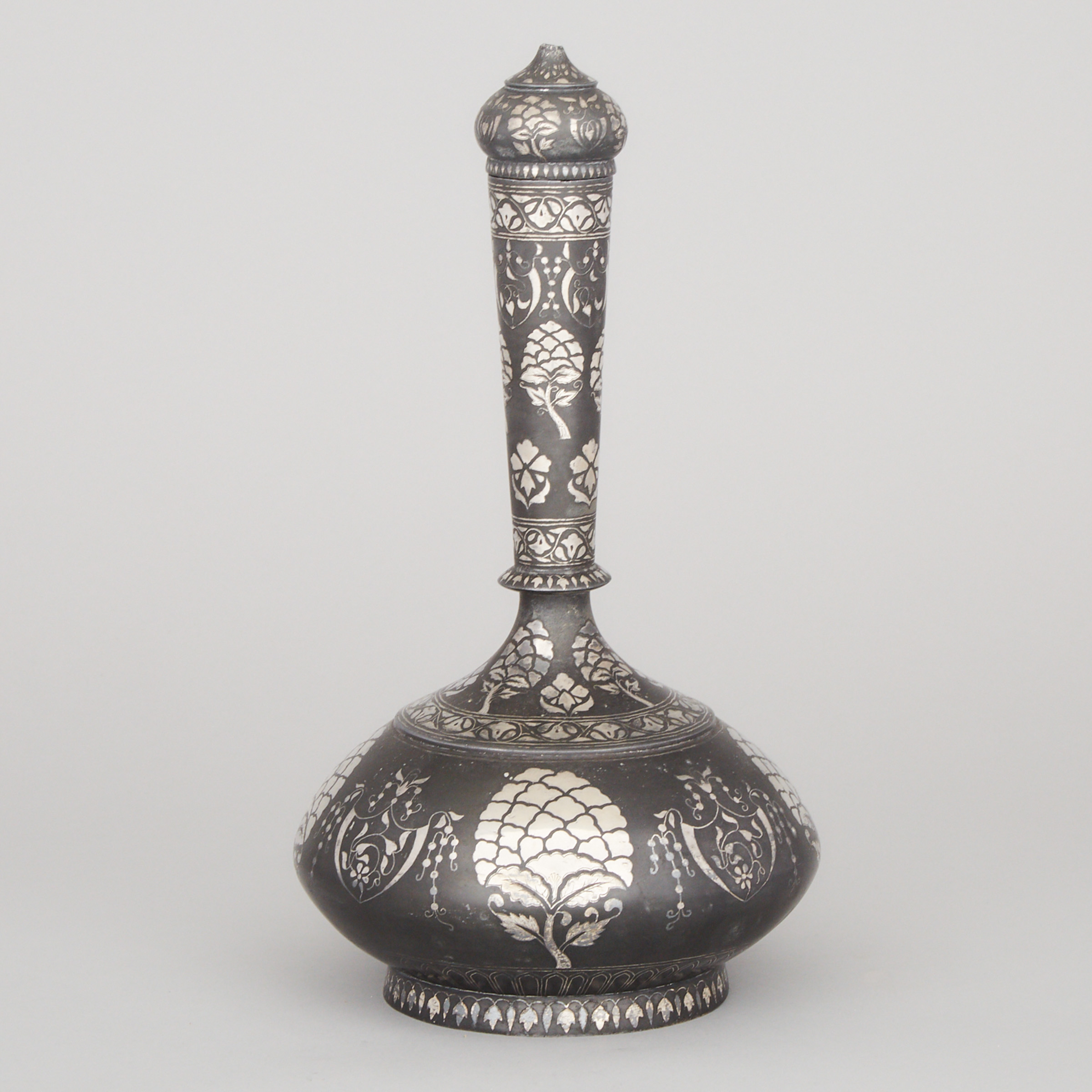 Indo-Persian Silver Inlaid Bidri Covered Bottle Vase, Bidar, India,  18th/19th century
