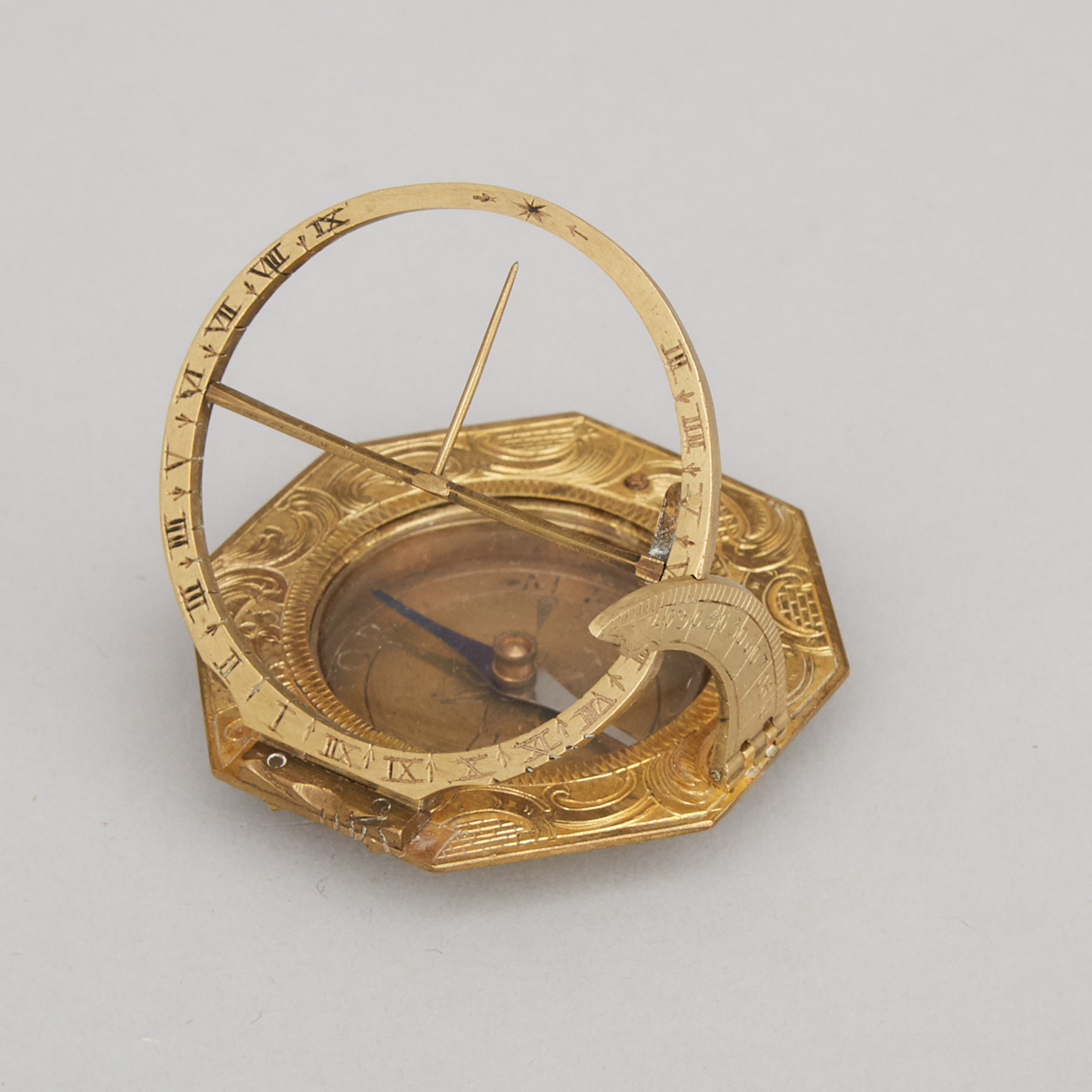 German Gilt Brass Universal Equinoctial Compass Sundial, Andreas Vogler, Augsburg, 18th century