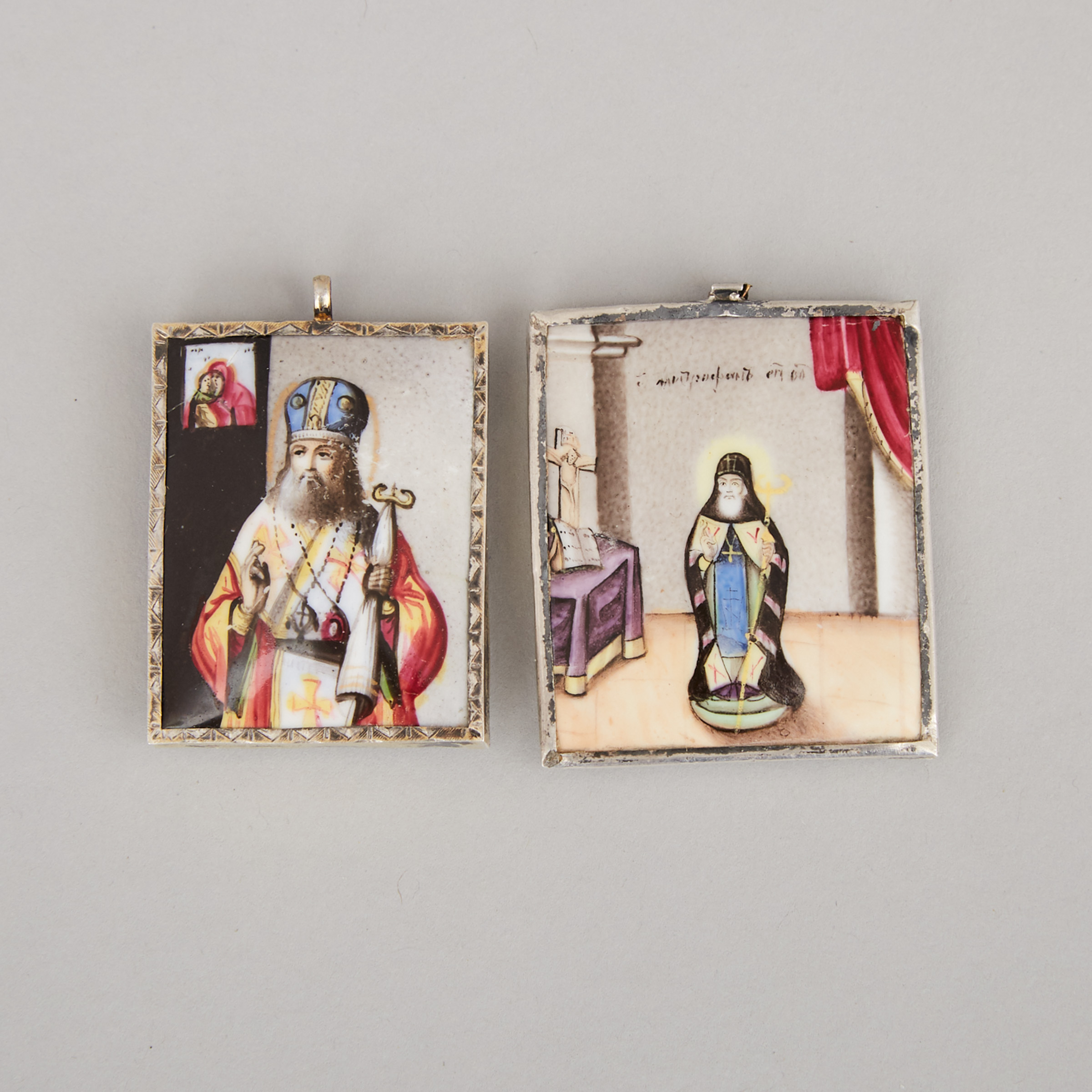 Two Russian Enamel Miniature Icons, 19th century
