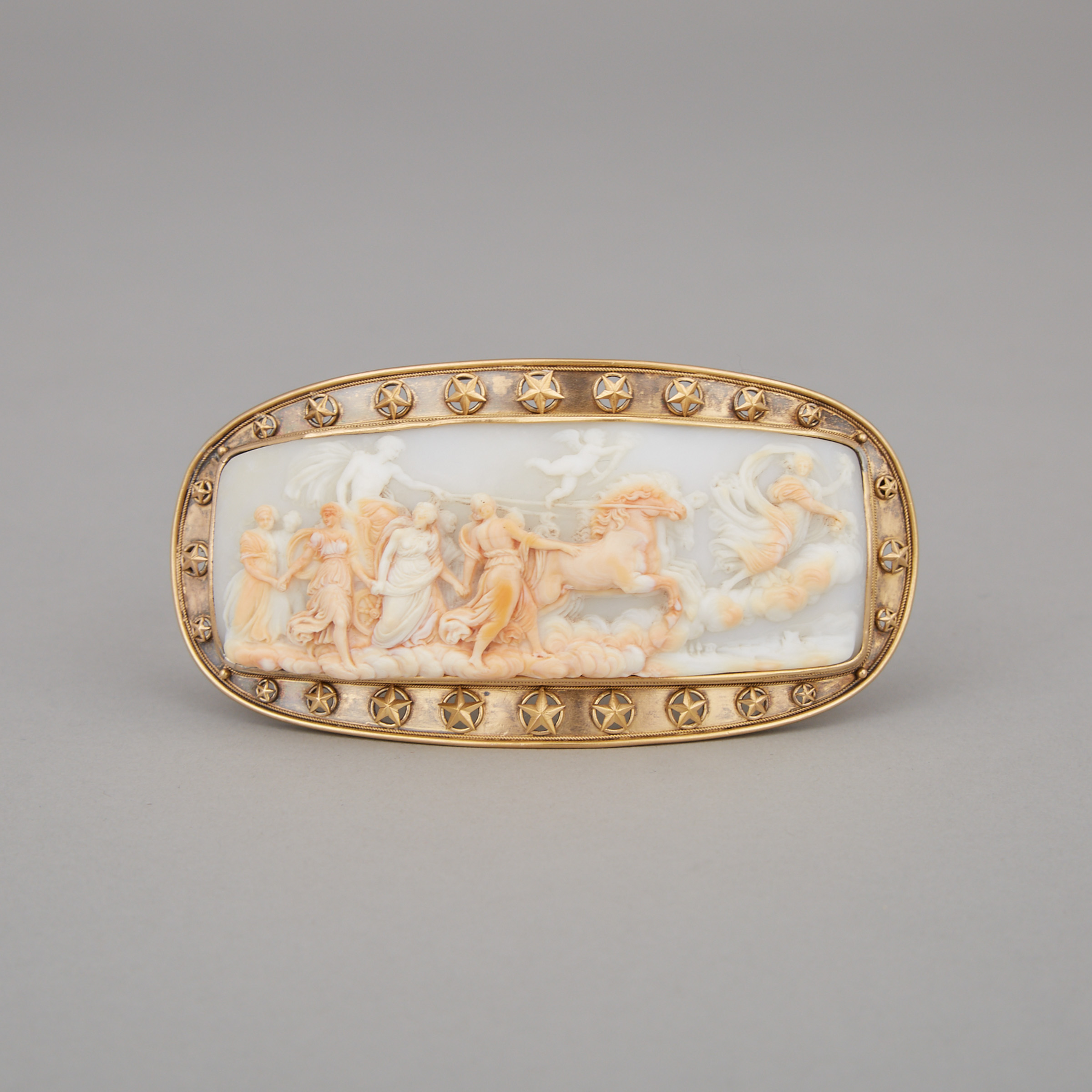 Italian Shell Cameo Brooch Carved after Guido Reni's L'Aurora, 19th century