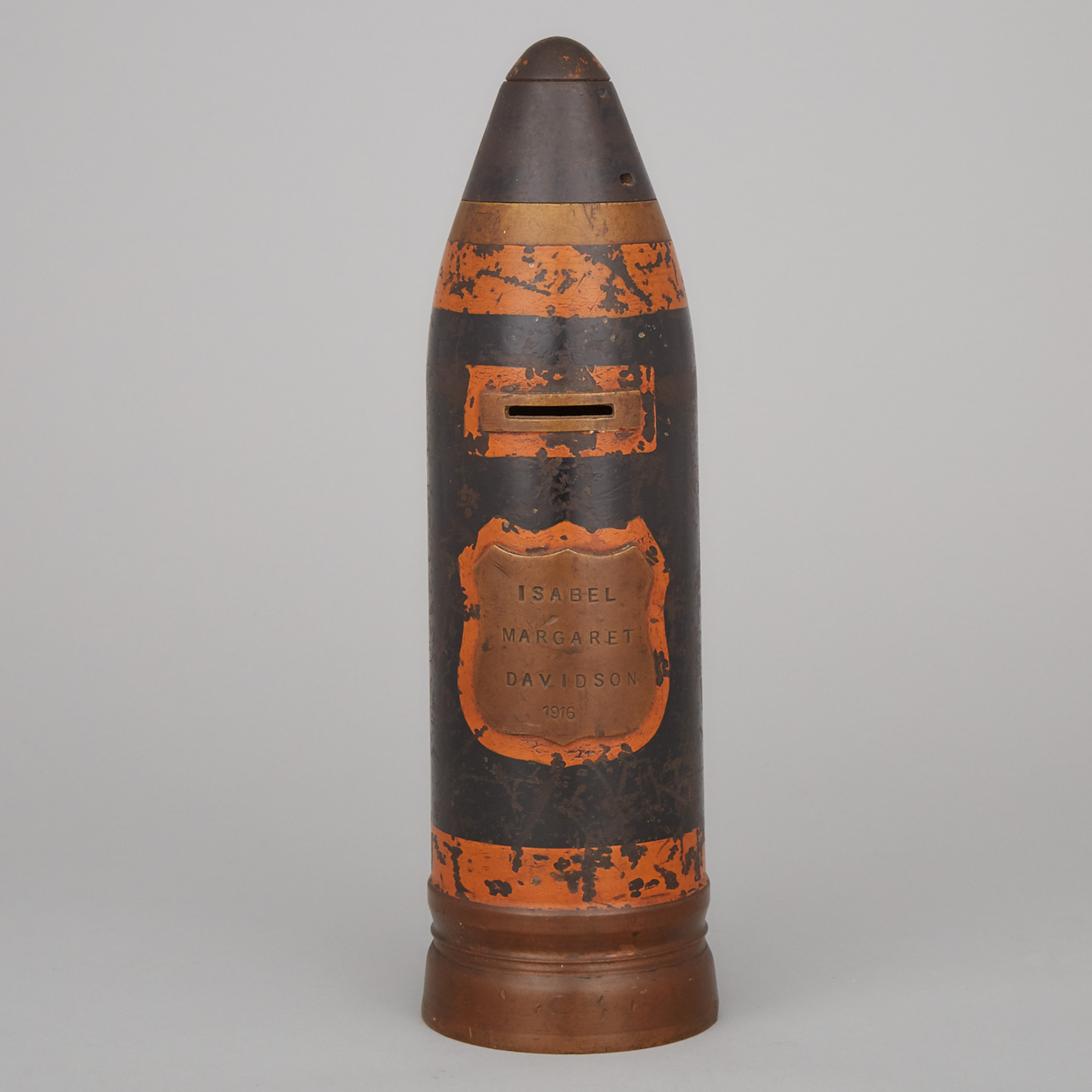 WWI 'Trench Art' Painted Artillery Shell Bank, 1916