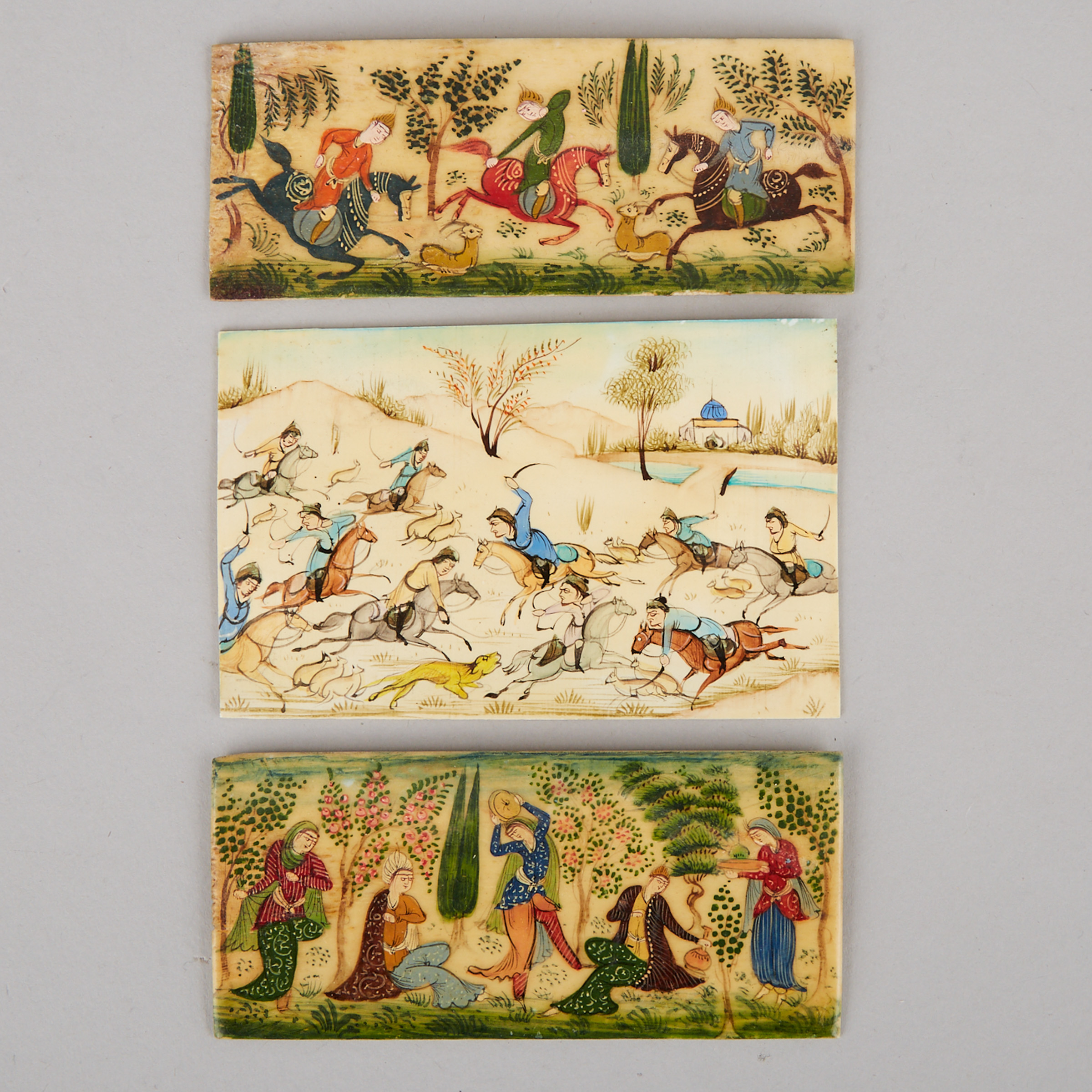 Three Persian Miniature Paintings on Ivory Panels, 19th early 20th century