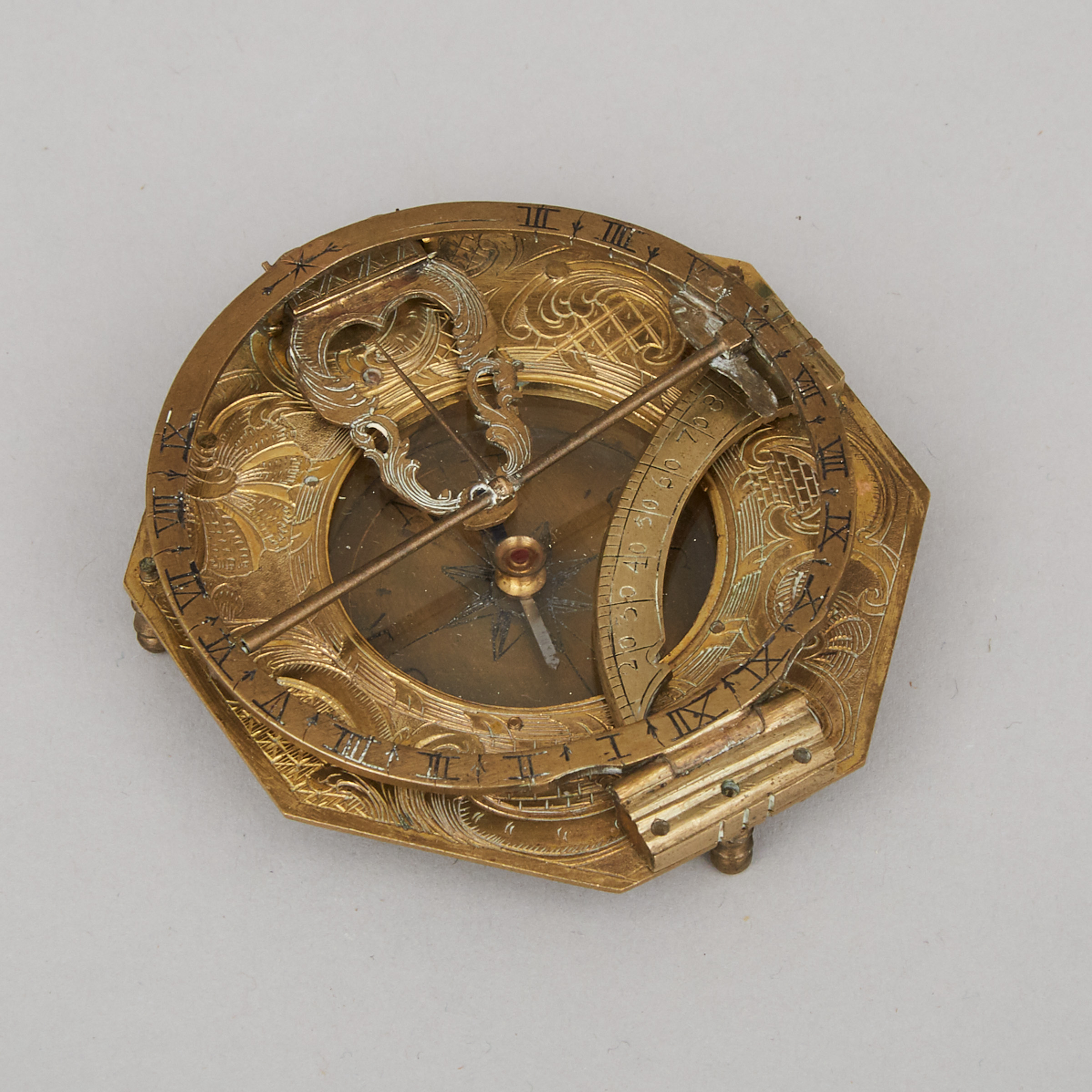 German Gilt Brass Universal Equinoctial Compass Sundial, Ludwig T. Müller, Augsburg, mid 18th century