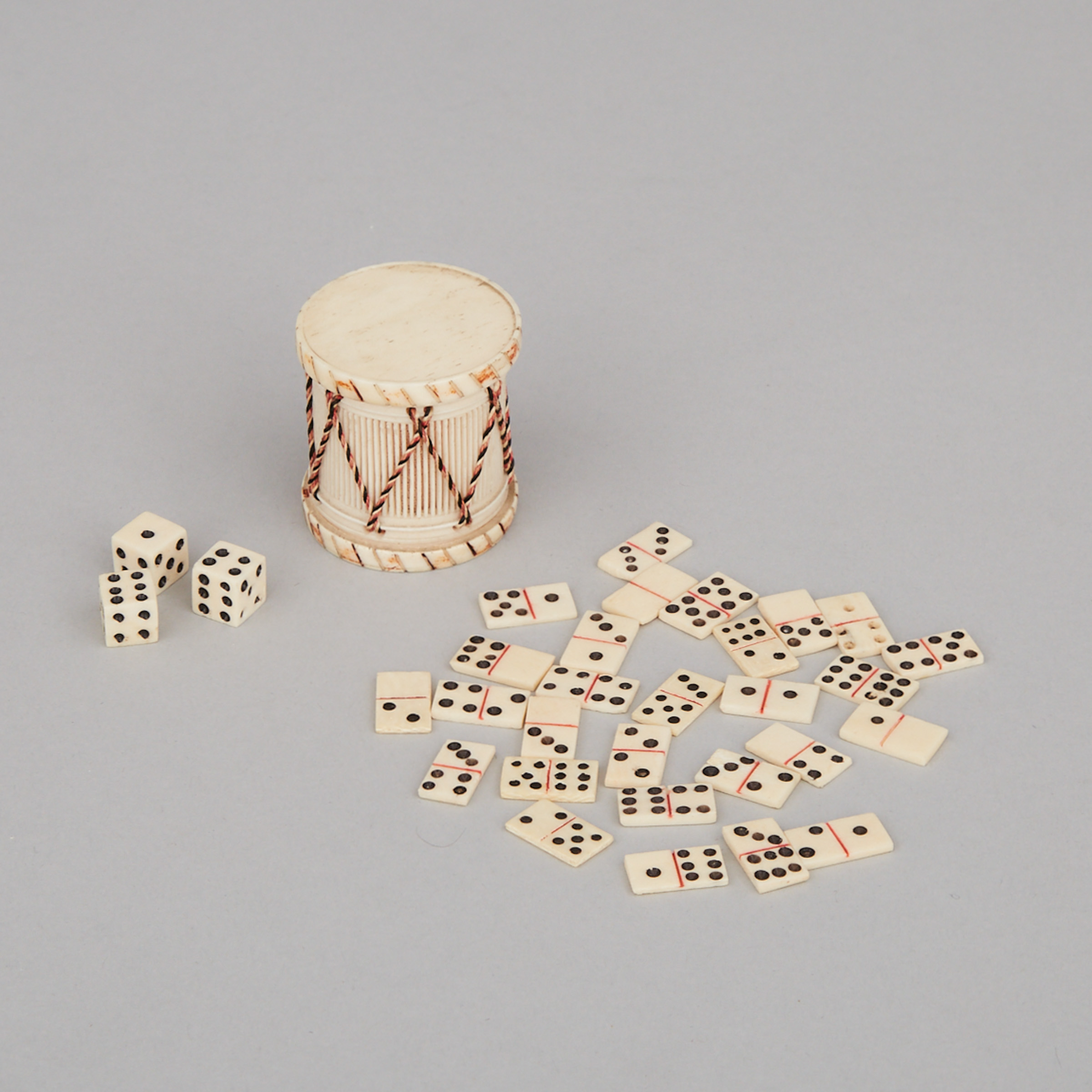 French 'Prisoner of War' Miniature Turned Bone Drum with Dominoes and Dice, 19th/early 20th century