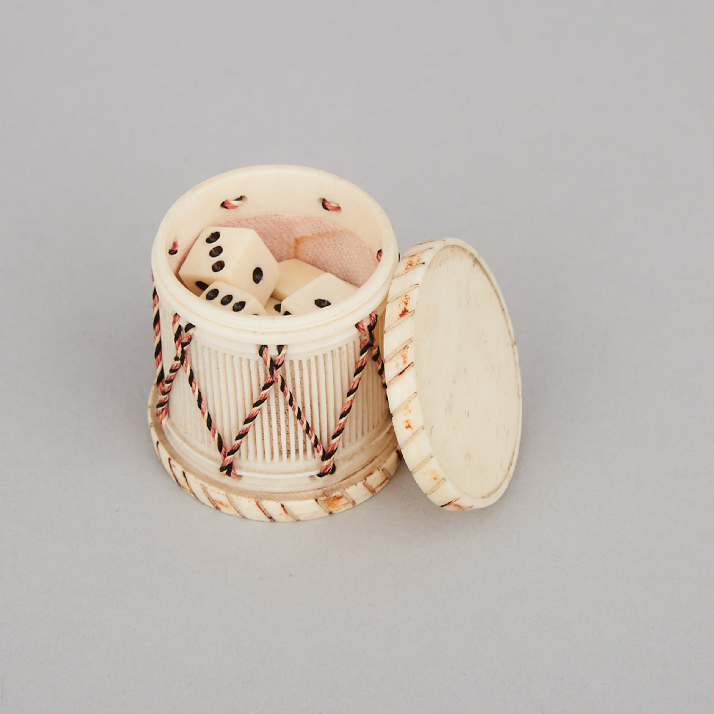 French 'Prisoner of War' Miniature Turned Bone Drum with Dominoes and Dice, 19th/early 20th century
