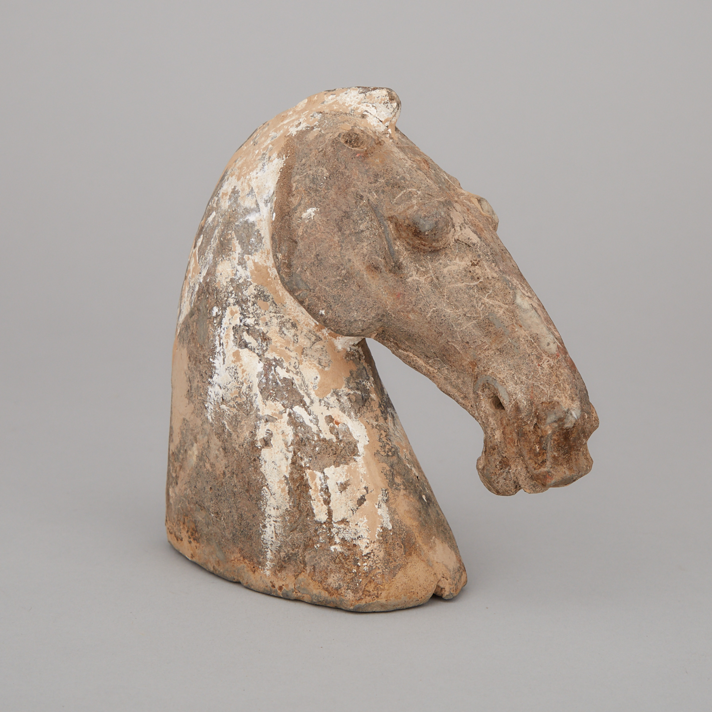 Chinese Han Dynasty Painted Terra Cotta Tomb Figure Model of a Horse Head, 206 BC–220 AD 