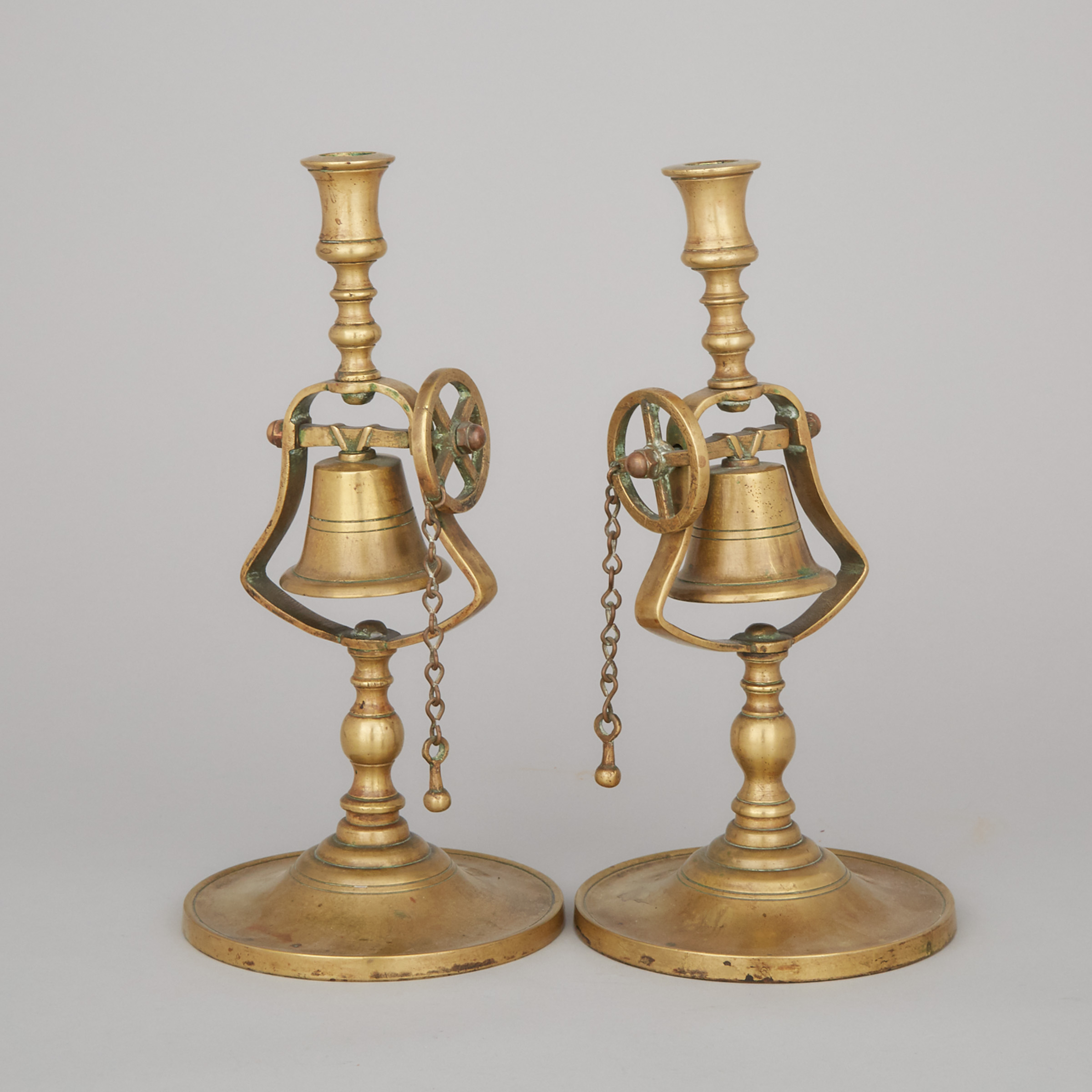 Pair of English Brass Tavern Candlesticks, early 19th century