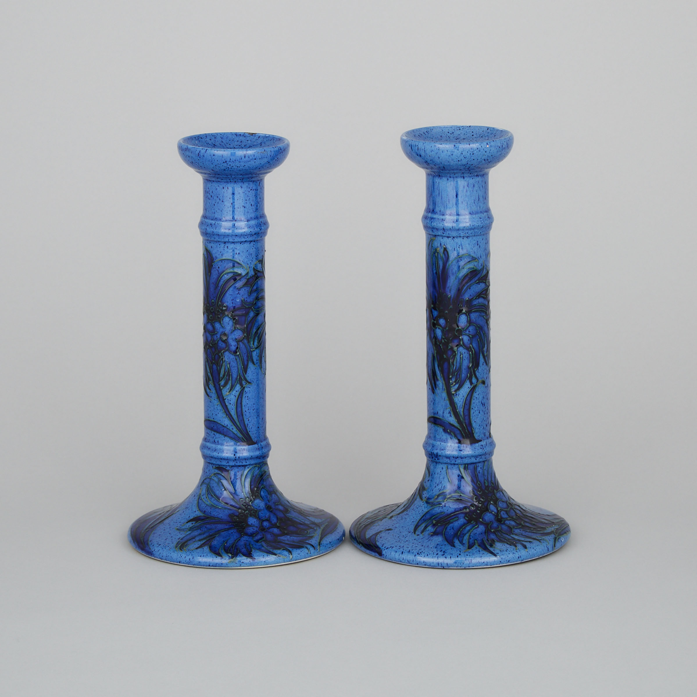 Pair of Moorcroft Powder Blue Cornflower Candlesticks, c.1925