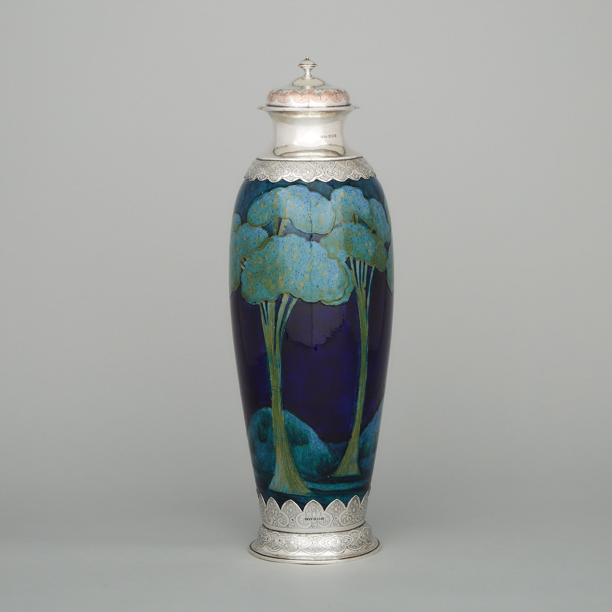 Engraved Silver Mounted Moorcroft Moonlit Blue Large Covered Vase, Francis Arthur Edwards, Birmingham, 1922