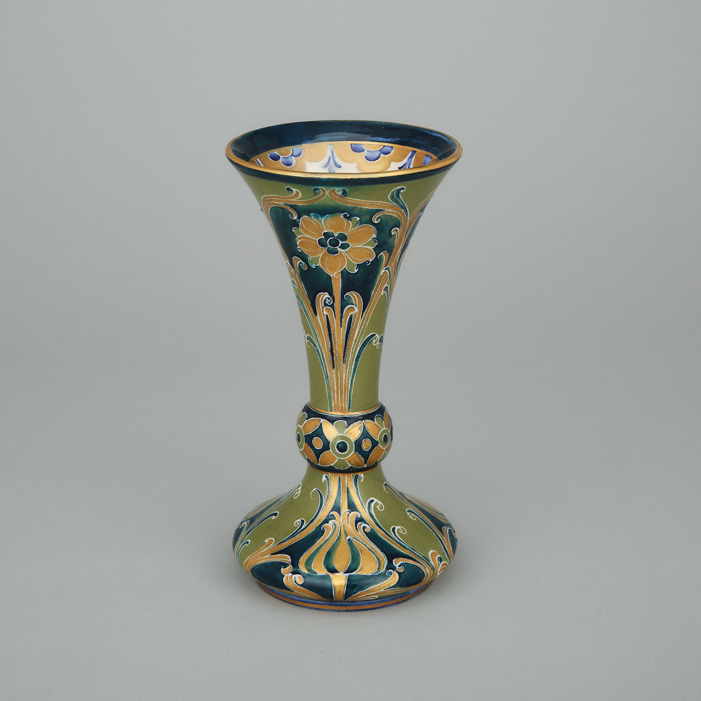 Macintyre Moorcroft Green and Gold Florian Trumpet Vase, c.1903